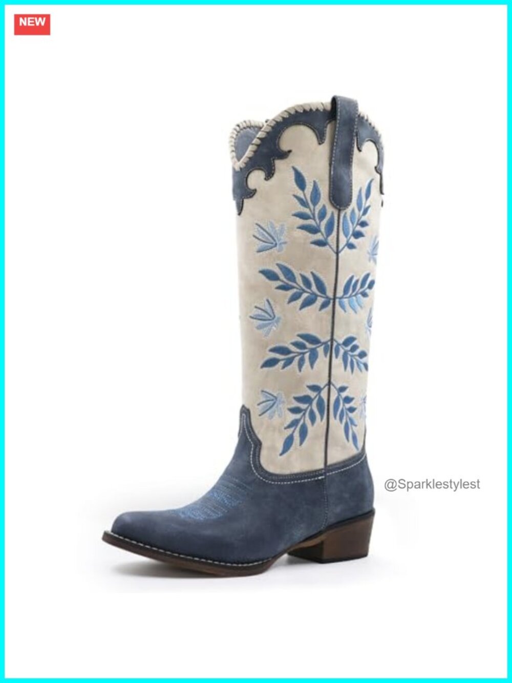 Womens Cowboy Boots Leaf Embroidered Knee High Round Toe Chunky Heel Western
